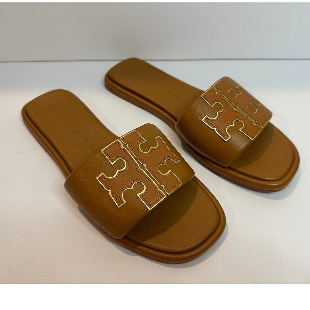 Tory Burch Double T Sport Slide Sandals Women's 9.5 Leather Bourbon Chic